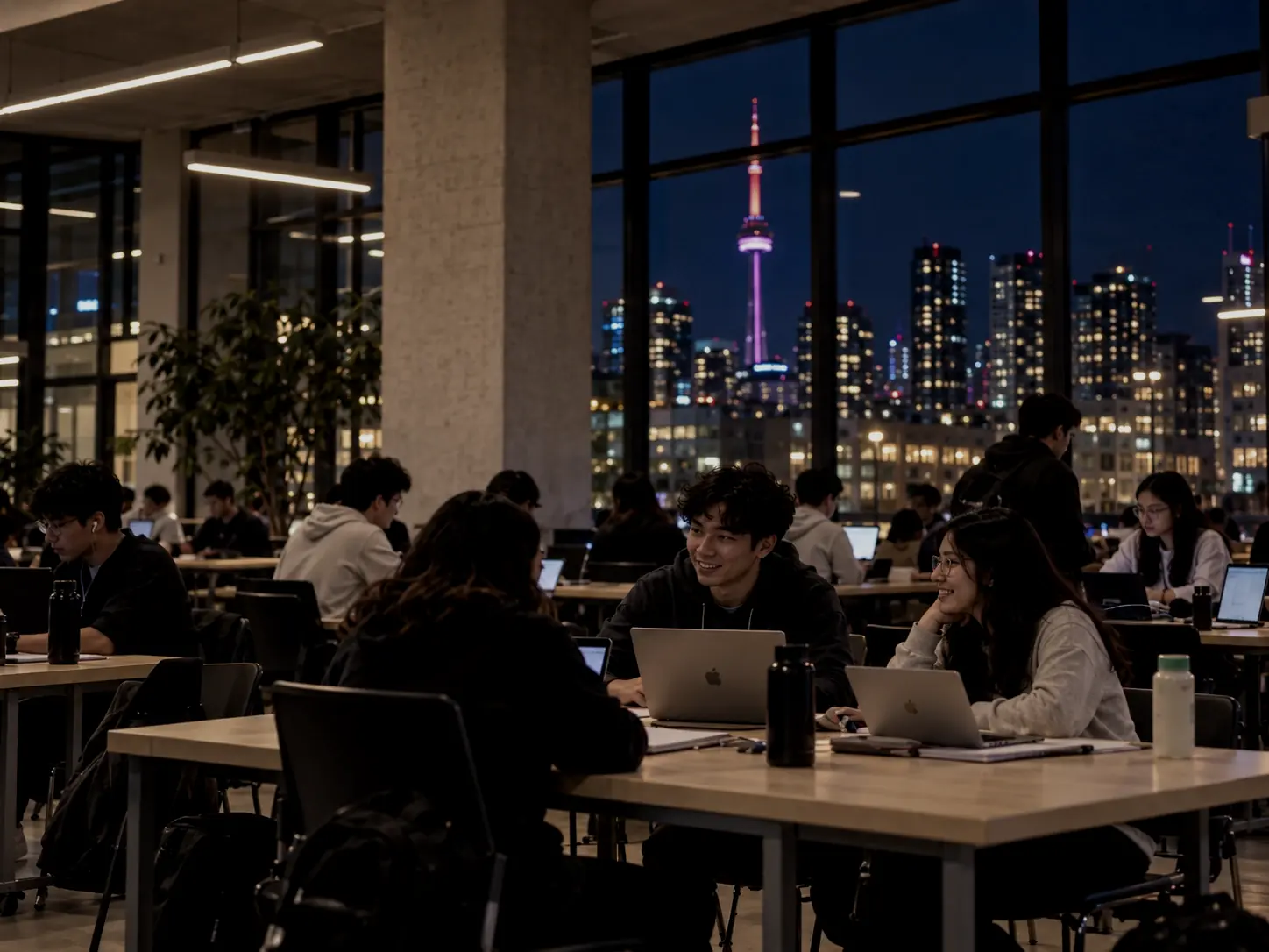 Students working at long tables in a glass-walled study hall, with the Toronto skyline and the CN Tower lit behind the windows