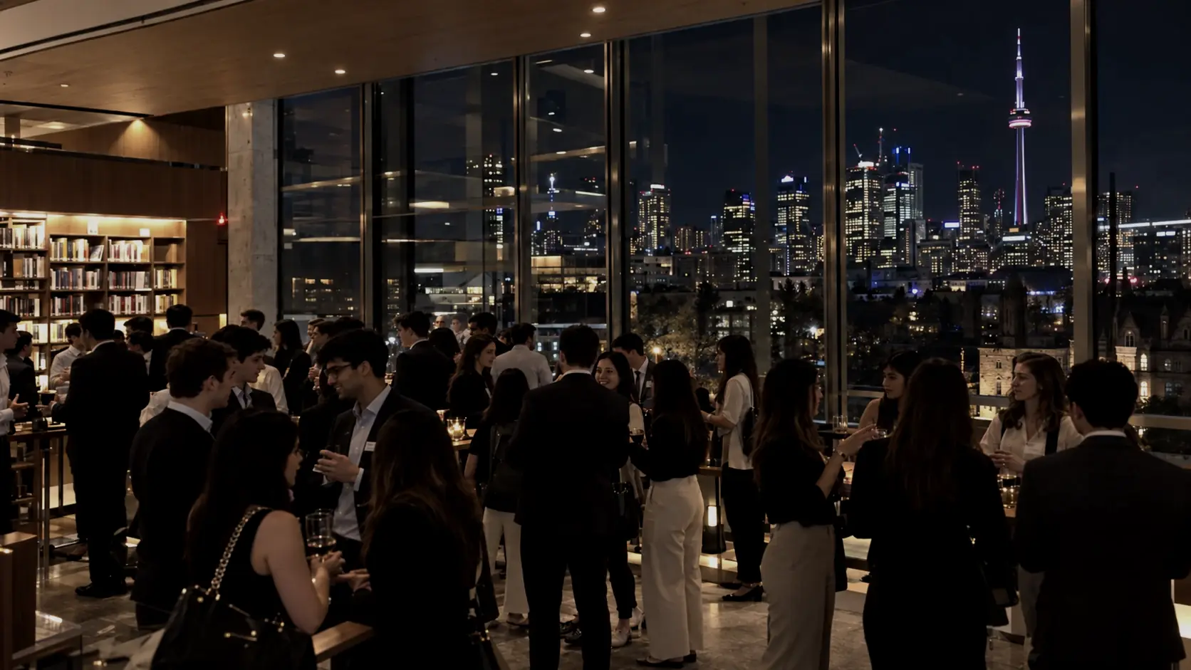 A crowded evening reception in a glass-walled room, with the Toronto skyline and the CN Tower lit behind the windows